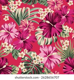 padrão sem costura exótico havaiano tropical hibiscus flores e palma em fundo preto arte para tecidos, lembranças, embalagem, cartões de saudação e scrapbooking