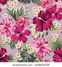 padrão sem costura exótico havaiano tropical hibiscus flores e palma em fundo preto arte para tecidos, lembranças, embalagem, cartões de saudação e scrapbooking