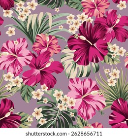 padrão sem costura exótico havaiano tropical hibiscus flores e palma em fundo preto arte para tecidos, lembranças, embalagem, cartões de saudação e scrapbooking