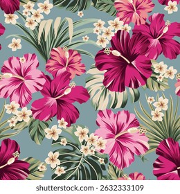 seamless pattern Exotic hawaiian tropical hibiscus flowers and palm.  artwork for fabrics, souvenirs, packaging, greeting cards and scrapbooking
