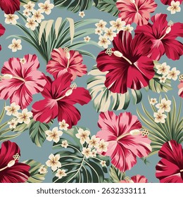 padrão sem costura exótico havaiano tropical hibiscus flores e palma. arte para tecidos, lembranças, embalagem, cartões de saudação e scrapbooking
