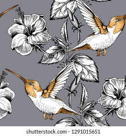 Seamless pattern. Exotic Hibiscus flowers and gold hummingbirds. Textile composition, hand drawn style print. Vector illustration.