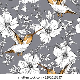  Patrón sin problemas. Flores exóticas de Hibiscus, diferentes hierbas y colibríes dorados. Composición textil, impresión a mano. Ilustración vectorial.