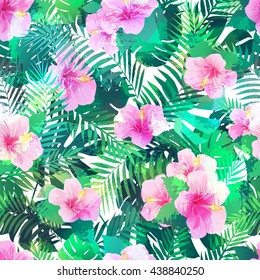 Seamless pattern with exotic hibiscus flowers and palm leaves. Endless tropical texture. 