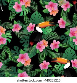 Seamless pattern with exotic hibiscus flowers, toucan bird and palm leaves. Endless tropical texture.