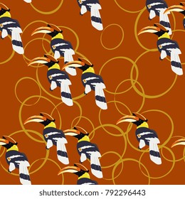 Seamless pattern with exotic hornbill birds and abstract ellipses.