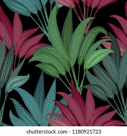 Seamless pattern of exotic jungle plant tropical palm leaves, floral vector on the black background. Nature wallpaper.Vector background.