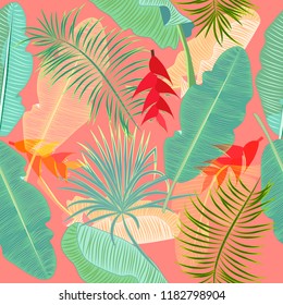 Seamless pattern of exotic jungle plant tropical palm leaves, floral vector. Nature wallpaper.Vector background.