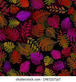 Seamless pattern with exotic jungle plants. Tropical palm leaves. Rainforest illustration, multicolored on black background.