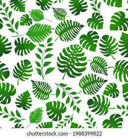 Seamless pattern with exotic jungle plants. Tropical palm leaves. Rainforest illustration, in green colors.