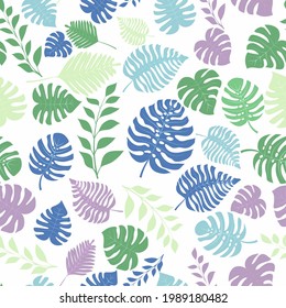 Seamless pattern with exotic jungle plants. Tropical palm leaves. Rainforest illustration, multicolored on white background.