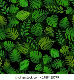 Seamless pattern with exotic jungle plants. Tropical palm leaves. Rainforest illustration, in green colors.