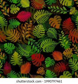 Seamless pattern with exotic jungle plants. Tropical palm leaves. Rainforest illustration, multicolored on black background.