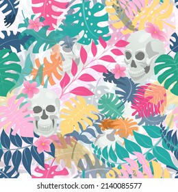 Seamless pattern with exotic jungle plants and human skulls. Tropical palm leaves and flowers. Illustration for Mexican holiday Day of the Dead, Dia de los Muertos, multicolored on white background