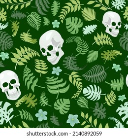 Seamless pattern with exotic jungle plants and human skulls. Tropical palm leaves and flowers. Illustration for Mexican holiday Day of the Dead, Dia de los Muertos, in green colors