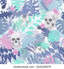 Seamless pattern with exotic jungle plants and human skulls. Tropical palm leaves and flowers. Illustration for Mexican holiday Day of the Dead, Dia de los Muertos, multicolored on white background