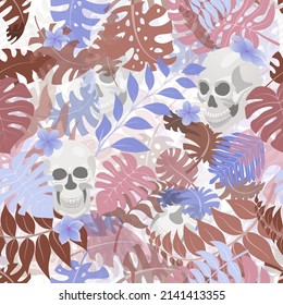 Seamless pattern with exotic jungle plants and human skulls. Tropical palm leaves and flowers. Illustration for Mexican holiday Day of the Dead, Dia de los Muertos, multicolored on white background