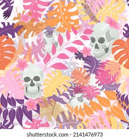 Seamless pattern with exotic jungle plants and human skulls. Tropical palm leaves and flowers. Illustration for Mexican holiday Day of the Dead, Dia de los Muertos, multicolored on white background