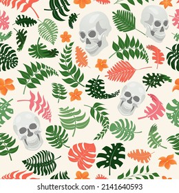 Seamless pattern with exotic jungle plants and human skulls. Tropical palm leaves and flowers. Illustration for Mexican holiday Day of the Dead, Dia de los Muertos, multicolored on white background