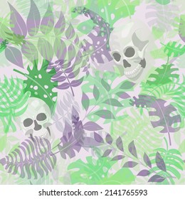 Seamless pattern with exotic jungle plants and human skulls. Tropical palm leaves and flowers. Illustration for Mexican holiday Day of the Dead, Dia de los Muertos, green and gray on white background