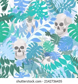 Motif harmonieux de plantes exotiques de la jungle et de crânes humains. Feuilles de palmiers tropicaux et fleurs. Illustration pour le jour férié mexicain des morts, Dia de los Muertos, multicolore sur fond blanc