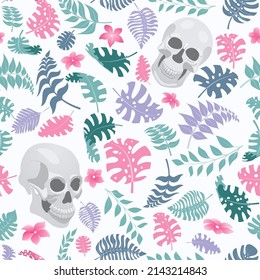 Seamless pattern with exotic jungle plants and human skulls. Tropical palm leaves and flowers. Illustration for Mexican holiday Day of the Dead, Dia de los Muertos, multicolored on white background