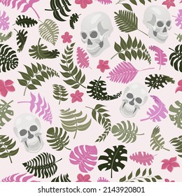 Seamless pattern with exotic jungle plants and human skulls. Tropical palm leaves and flowers. Illustration for Mexican holiday Day of the Dead, Dia de los Muertos, multicolored on white background