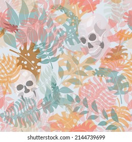 Seamless pattern with exotic jungle plants and human skulls. Tropical palm leaves and flowers. Illustration for Mexican holiday Day of the Dead, Dia de los Muertos, multicolored on white background
