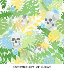 Seamless pattern with exotic jungle plants and human skulls. Tropical palm leaves and flowers Illustration for Mexican holiday Day of the Dead, Dia de los Muertos, green and yellow on white background
