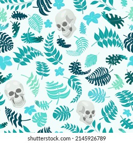 Seamless pattern with exotic jungle plants and human skulls. Tropical palm leaves and flowers. Illustration for Mexican holiday Day of the Dead, Dia de los Muertos,  light blue on white background