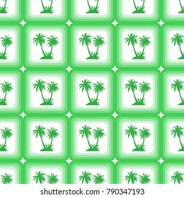 Seamless Pattern, Exotic Landscape, Green Tropical Palm Trees in Squares on Tile White Background. Vector