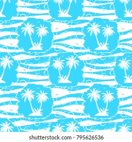 Seamless Pattern, Exotic Landscape, Tropical Palm Trees and Grass Silhouettes, Tile Blue and White Background with Sea Birds Gulls. Vector