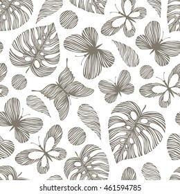 Seamless pattern with exotic leaves and butterflies. Tropical background.