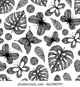 Seamless pattern with exotic leaves and butterflies. Tropical background.