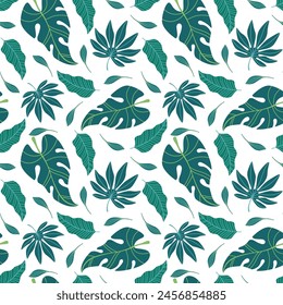 Seamless pattern with exotic leaves in flat design. Pattern with tropical leaves for fabric and wallpaper. Vector illustration.
