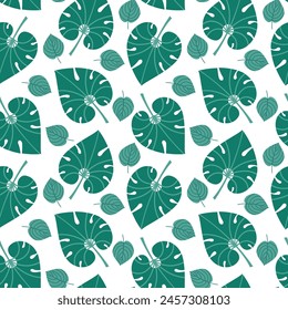Seamless pattern with exotic leaves in flat design. Pattern with tropical leaves for fabric and wallpaper. Vector illustration.
