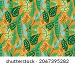Seamless pattern with exotic leaves on a rich yellow background. Garden of Eden foliage, berries. Creative tropical leaf greenhouse. Vector design for  textile print, fashion, interior, wallpaper...