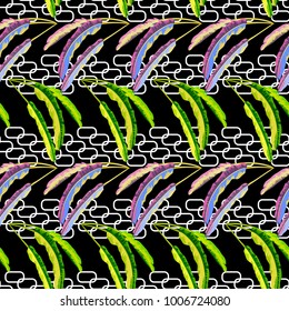 Seamless pattern with exotic leaves on geometric background. Hand-drawn floral background for printing on fabric, clothing, home textiles, wallpaper, gift wrapping.