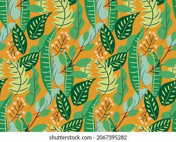 Patrón sin foco con hojas exóticas sobre un fondo amarillo rico. Jardín del Eden, bayas. Creativo invernadero de hojas tropicales. Diseño vectorial para la impresión textil, la moda, el interior, el papel pintado...