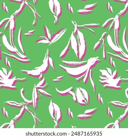 Seamless pattern of exotic leaves on a white background with tropical plants illustrations. Ideal for summer decor, textiles, and fashion. Colorful leaf design. three color silhouette pattern