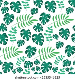 Padrão contínuo de folhas exóticas sobre um fundo branco com plantas tropicais e ilustrações de palmeiras. Ideal para decoração de verão, têxteis e moda, apresenta exuberante, folhagem verde Não AI.