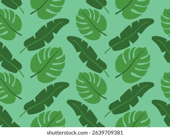 Seamless pattern of exotic leaves on a green background with tropical plants and palm leaves. Perfect for summer decor, textiles, wrapping paper, wallpaper