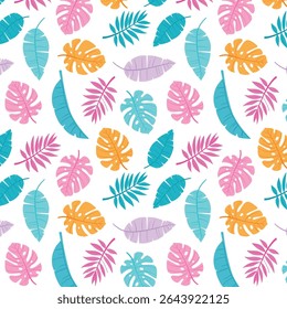 Seamless pattern of exotic leaves on a white background with tropical plants and palm tree illustrations. Ideal for summer decor, textiles, and fashion, it features lush, green foliage 