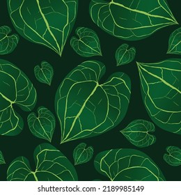 seamless pattern Exotic leaves, rainforest. Seamless green botanical backdrop. Vector illustrations.