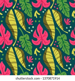 Seamless pattern with exotic leaves. Tropical background.