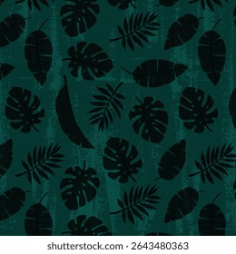 Seamless pattern of exotic leaves  with tropical plants and palm tree illustrations. Ideal for summer decor, textiles, and fashion, it features lush, green foliage 