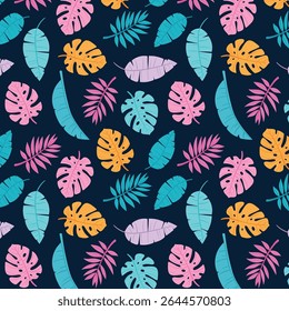 Seamless pattern of exotic leaves  with tropical plants and palm tree illustrations. Ideal for summer decor, textiles, and fashion, it features lush, green foliage 