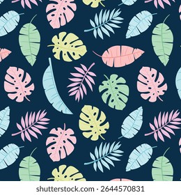 Seamless pattern of exotic leaves  with tropical plants and palm tree illustrations. Ideal for summer decor, textiles, and fashion, it features lush, green foliage 