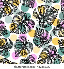 Seamless pattern with exotic leaves. Vector.