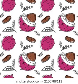 Seamless pattern of exotic lychee fruit hand-drawn sketch style doodle. Lychee. Fruit and leaves. Fruit. Vector simple illustration.